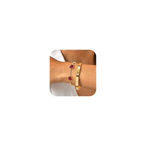 MPRAINBOW Womens Stackable Gold Bracelets Jewelry, 18K Gold Plated Floral Bangles Non Tarnish, Gold Cubic Zirconia Chain Set Trendy Gift,Christmas Valentines Birthday Gifts for Girlfriend - color: Red, size: 7.5"