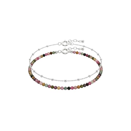 Bracelet Stack for Women, Set of 2 Bracelets, 925 Sterling Silver Satellite Chain, Natural Gemstones Beaded Strand, 6.5"+1" Extender Chain