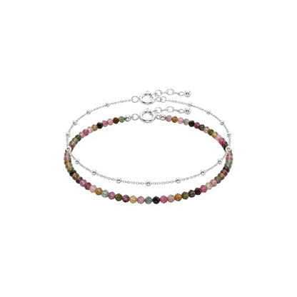 Bracelet Stack for Women, Set of 2 Bracelets, 925 Sterling Silver Satellite Chain, Natural Gemstones Beaded Strand, 6.5"+1" Extender Chain