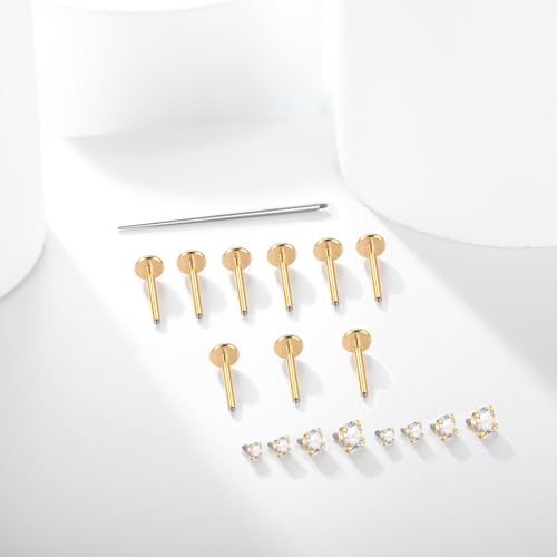 Xpircn Flat Back Stud Earrings 14K Gold Plated Internally Threaded CZ Stud Piercing Jewelry for Tragus Helix Cartilage Conch Nose Hypoallergenic Lip Labret Medusa Piercing 16G 18G - color: 18 Gauge, Gold, size: 10mm Bar