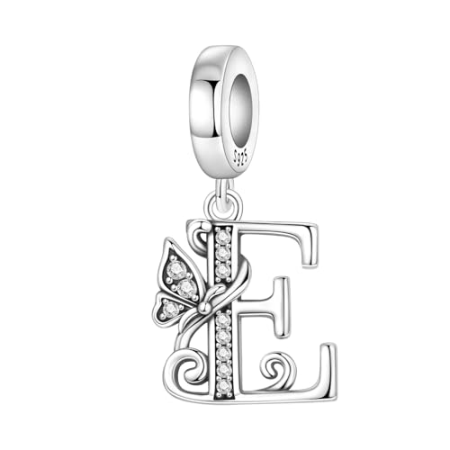 2 Pack 925 Sterling Silver Butterfly Letter Charms for Bracelets and Necklace Alphabet Initial Dangle Pendants Round Spacer Beads Pave Cubic Zirconia Jewelry Gift for Women - color: E Set