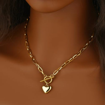 Chunky Gold Necklace for Women, 18K Waterproof Heart Necklace Statement Necklace Gold Charm Necklace Chunky Jewelry Paperclip Chain Choker Gift for Women - style: OT Chain Heart