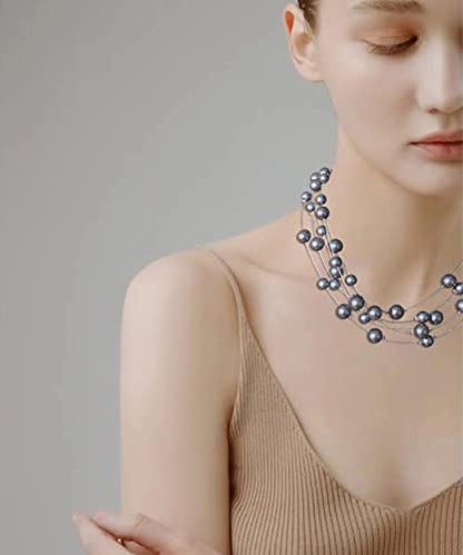 FULU AUTUMN Layered Pearl Necklace Multi-strand Pearl Choker Necklaces for Women Beaded jewelry for Wedding Parties - color: Dark grey
