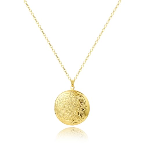 Engraved Flower Empaistic Geometric Photo Locket Necklace Gold Silver Plated Vintage Antiqued Carved Pattern Oval Round Hold Pictures Pendant Necklace for Men Women Souvenir Memorial Fashion Jewelry Gifts - color: Gold round