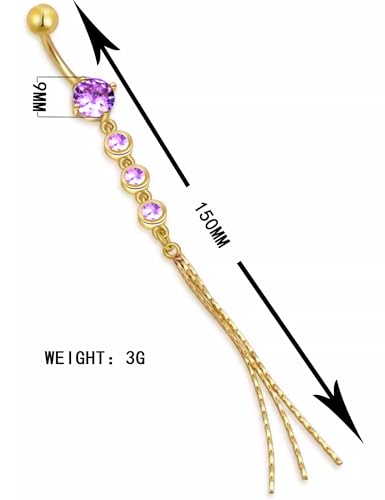 JAJAFOOK Surgical Steel Cubic Zirconia Long Dangle Navel Ring Sexy Body Piercing Belly Button - color: Purple