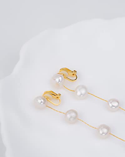 Clip-On Pearl Dangle Earrings - Baroque AAA+ Freshwater Pearl Long Drop Earrings for Women - Elegant Dangling Earrings - color: Yellow Gold