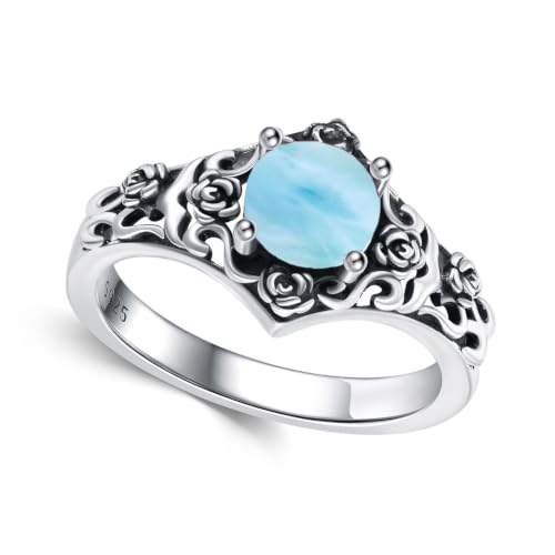 Vintage Rose Filigree 1 Carat Round Cut Genuine or Lab Grown Gemstone Statement Ring 925 Sterling Silver Birthstone Oxidized Anniversary Promise Ring for Women Gifts Size 5-18 - color: Larimar