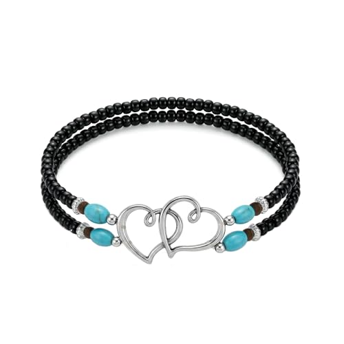 Ankle Bracelets for Women Waterproof Elastic Anklets | Boho Layered Beaded Ankle Bracelet Double Heart Colorful Anklet Summer Beach Jewelry Accessories - style: Black Style