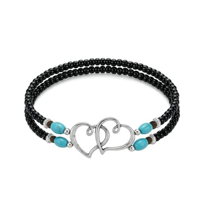 Ankle Bracelets for Women Waterproof Elastic Anklets | Boho Layered Beaded Ankle Bracelet Double Heart Colorful Anklet Summer Beach Jewelry Accessories - style: Black Style