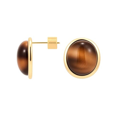 RENAIZ Bold Statement Hoop & Stud Earrings for Women – 14K Gold & Rhodium Plated Maximalist Jewelry, Chunky Geometric Boho Earrings, Hypoallergenic Non-Tarnish Trendy Gift - color: Yellow Gold, style: Tiger Eye