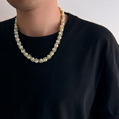 Gold/Silver Pearl Necklace for Men Faux Pearl Choker Necklace Beaded Adjustable Chain Gothic Chunky Beaded Statement Hip Hop Rock Party Festival Collar para Hombre Fashion Jewelry Gift for Men - style: Style-C-GD