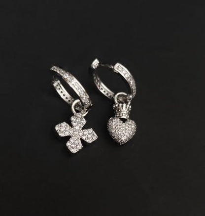 925 Silver Dangle Earrings for Women Sparkly Trendy Dainty Cute Crown Heart Cross CZ Drop Earring Fun Bling Asymmetrical 2000s Y2k Fashion Huggie Hoops Dangling Streetwear Jewelry Accessories - color: S