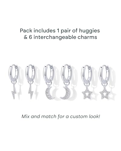 PAVOI 14K Gold Plated Mix & Match Charms Dainty Huggie Earrings for Women | Hypoallergenic Earrings with 925 Sterling Silver Posts, Huggie Hoop Earrings with Motif Dangle Charms Pack - style: Moon