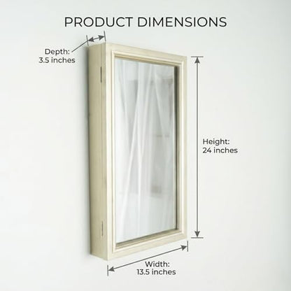 Hives & Honey Jamie Wall Mounted Jewelry Mirror Cabinet, Champagne – Hidden Jewelry Organizer with Earring Hooks, Necklace Hooks, Ring Rolls & Anti-Tarnish Lining - color: Champagne
