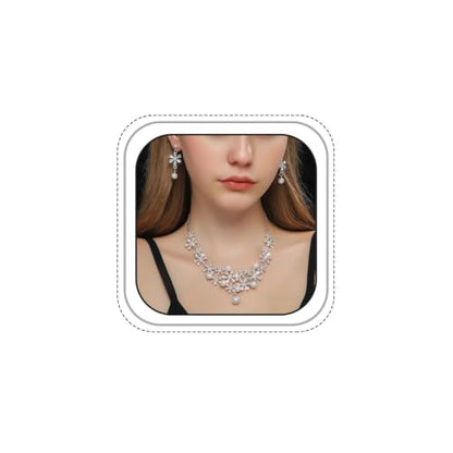 Dainty Faux Pearl Crystal Rhinestone Pendant Necklace Drop Earrings Set for Women,Sparkling Statement Necklace Earrings Romantic Wedding Bridal Jewelry Set