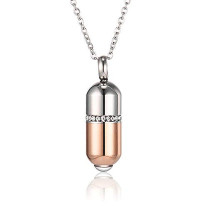 Stainless Steel Pill Cremation Urn Pendant Necklace Fashion Trendy Ash Urn Keepsake Jewelry Gift - color: Rose Gold