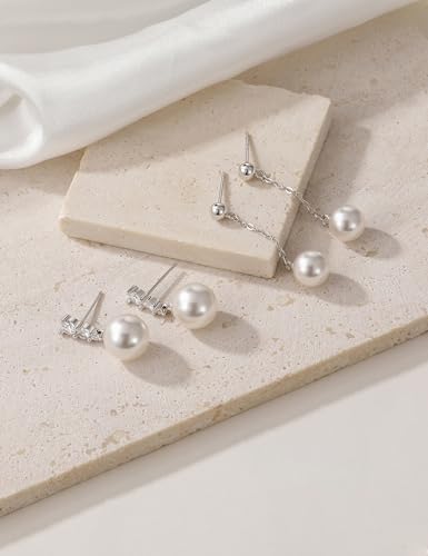 Mameloly Pearl Drop Earrings 925 Sterling Silver CZ 10MM Simulated Pearl Earrings for Women Dangle Trendy Jewelry for Women Hypoallergenic - color: Brass Silver CZ