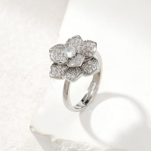 Crystal Rose Flower Spinner Fidget Open Statement Ring for Women CZ Floral Rotated Relief Anxiety Stacking Finger Rings Wedding Engagement Promise Bands Dainty Birthday Jewelry for Adjustable - color: Silver