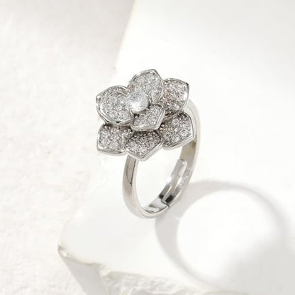 Crystal Rose Flower Spinner Fidget Open Statement Ring for Women CZ Floral Rotated Relief Anxiety Stacking Finger Rings Wedding Engagement Promise Bands Dainty Birthday Jewelry for Adjustable - color: Silver