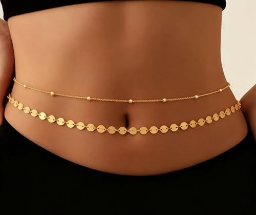 Waist Chains for Women 14K Gold Plated Adjustable Layered Belly Chain Dainty Cuban Waist Beads Body Chain Bikini Beach Jewelry Belts Gifts - color: old01