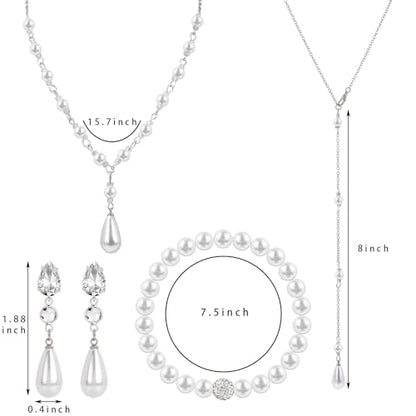 Raicegs Pearl Jewelry Set for Women Wedding Pearl Necklace Bracelet Earrings Set Bride Bridesmaid Dainty Jewelry Gift for Women - color: Backdrop chain