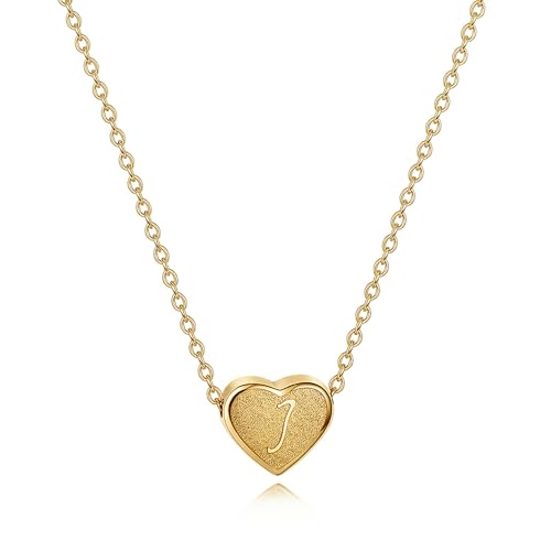 18k Gold Plated Heart Pendant Letter Necklaces for Girls Stainless Steel Initial Necklace for Women Birthday Gifts for Girls Women - color: Brushed Gold, style: Letter J