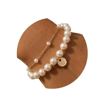 Fizzlup 2Pcs Pearl And Gold Initial Bracelet Set，Dainty Pearls Bracelets Jewelry for Women Wedding Prom Trendy Crystal Charm Cuff Stack Bead Linkbracelet Personalized Gift Stuff Letter - color: Q