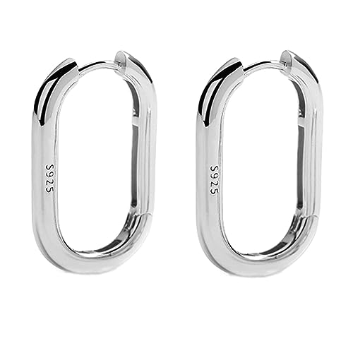 Sterling Silver Long Plain Shiny Oval Square Hoop Cuff Drop Earrings 26mm 2 Tones Rhodium / 18K Gold