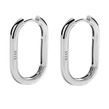 Sterling Silver Long Plain Shiny Oval Square Hoop Cuff Drop Earrings 26mm 2 Tones Rhodium / 18K Gold