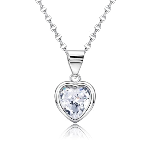 Heart Necklace for Women - Sterling Silver Small Love Heart-Shaped Pendant Necklace Hypoallergenic Cubic Zirconia Adjustable Charm Necklaces Gifts for Her