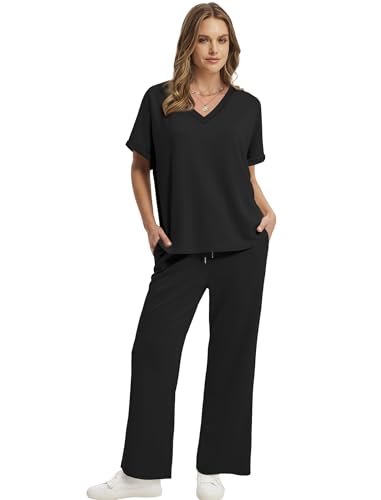 Sampeel Lounge Sets for Women V Neck Turn-UP Sleeves Tops Wide Leg Pants 2 Piece Sets Oversized Summer Vacation Outfits 2026 - color: Black, size: X-Large