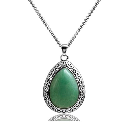 Natural Gemstone Pendant Necklace, Vintage Silver Filigree Boho Protection Unisex Jewelry with Stainless Steel Chain for Women Men