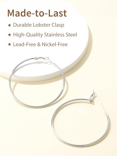 FindChic Thin Hoop Earrings for Women,Silver/Black/Gold Plated 20-100mm - color: Silver, size: 60mm