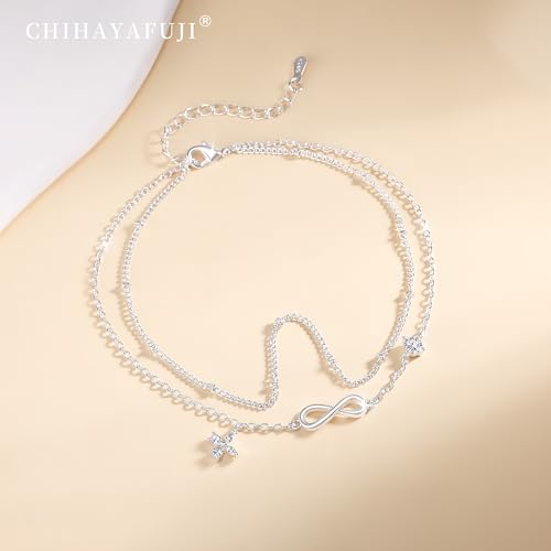 Sterling Silver Ankle Bracelets for Women Gold Waterproof Non Tarnish Beaded Chain Layered Stacking Dainty Butterfly Plus Size Large Anklet Summer Beach Vacation Jewelry Gift - color: silver1