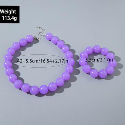 Colorful Chunky Beaded Necklace for Women Acrylic Bead Choker Necklaces Fashion Large Round Beads Necklaces for Women Handmade Summer Jewelry - color: Purple bracelet + necklace