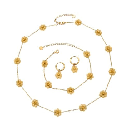 Daisy Pearl Jewelry Set for Women, 14K Gold Plated Stainless Steel Necklace Bracelet Earring 3 Piece Set, Dainty Pearl Choker Flower Necklace Birthday Gift for Her - color: Champagne