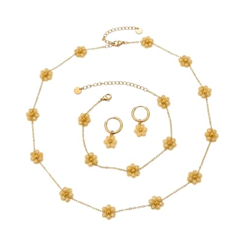 Daisy Pearl Jewelry Set for Women, 14K Gold Plated Stainless Steel Necklace Bracelet Earring 3 Piece Set, Dainty Pearl Choker Flower Necklace Birthday Gift for Her - color: Champagne
