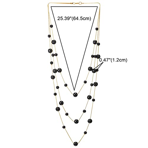 Statement Necklace Three-Strand Long Chains with Synthetic Pearl Beads, Elegant, Dress - color: E-Beads Color: Black