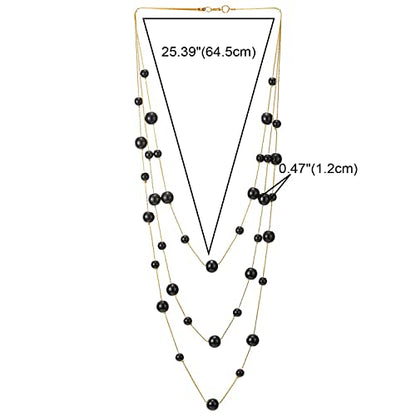 Statement Necklace Three-Strand Long Chains with Synthetic Pearl Beads, Elegant, Dress - color: E-Beads Color: Black