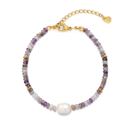 Gemstone Beaded Bracelets with Freshwater Pearl | Crystal Beaded Bracelet Boho Natural Stone Trendy Jewelry Gifts - color: Purple