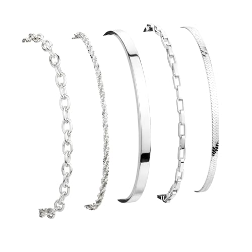 Dainty Gold Bracelet for Women Trendy Non Tarnish, Thin Bracelets Stackable Set with Bangle Cuff, Box, Herringbone, Paperclip, Figaro, Sparkling Link Chains Waterproof, Simple Jewelry Gifts for Women - color: style 02-silver