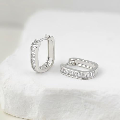 Me&Hz Gold Huggie Earrings Small Huggie Hoop Earrings for Women 14K Gold Plated Hypoallergenic Cubic Zirconia Huggies Mini Silver Hoop Earring for Women - color: Square - CZ, Silver