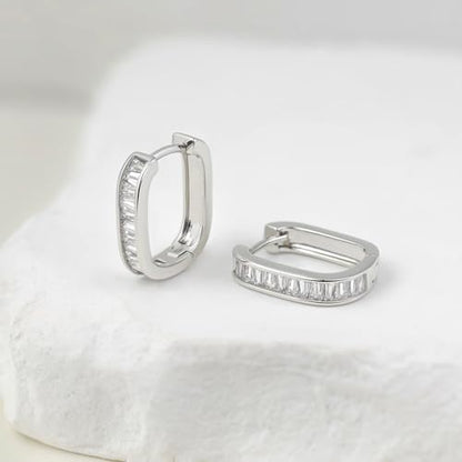 Me&Hz Gold Huggie Earrings Small Huggie Hoop Earrings for Women 14K Gold Plated Hypoallergenic Cubic Zirconia Huggies Mini Silver Hoop Earring for Women - color: Square - CZ, Silver