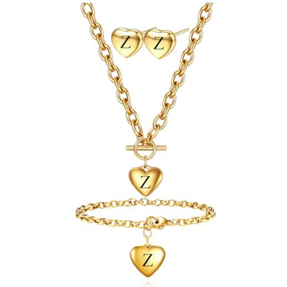 Women's 3 Pieces Heart Name Initial Necklace, Bracelet, Earrings, Jewelry Set Stainless Steel A-Z letters Jewelry Suits - color: Gold, size: Z