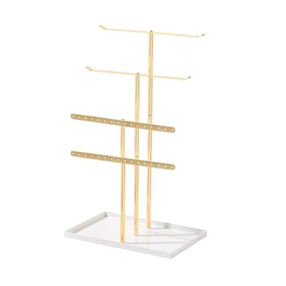 Necklace Bracelet Earring Holder Stand, Multi-Use Jewelry Display Organizer with Tray, T-Bar Metal Jewellery Organizer Stand, Jewelry Hanger Tower Rack for Women (Gold)