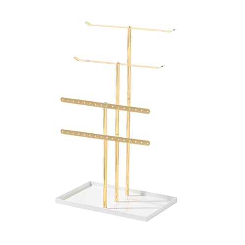 Necklace Bracelet Earring Holder Stand, Multi-Use Jewelry Display Organizer with Tray, T-Bar Metal Jewellery Organizer Stand, Jewelry Hanger Tower Rack for Women (Gold)