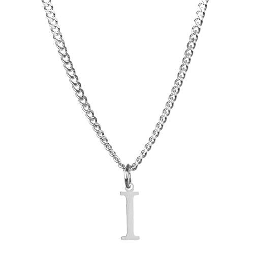Men’s Minimal Initial Necklace, Stainless Steel Gold Silver Tone 26 Letters Pendant Necklace for Men Women 3.5mm Cuban Chain Waterproof - style: I