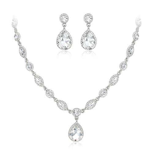 EleQueen Women's Teardrop Necklace Earrings Jewellery Set for Party Prom | Wedding Bridal Costume Jewelry Set for Brides Bridesmaids, Crystal Teardrop Necklace Dangle Earrings - color: Clear