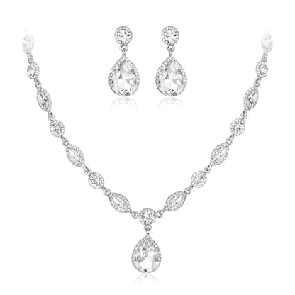 EleQueen Women's Teardrop Necklace Earrings Jewellery Set for Party Prom | Wedding Bridal Costume Jewelry Set for Brides Bridesmaids, Crystal Teardrop Necklace Dangle Earrings - color: Clear