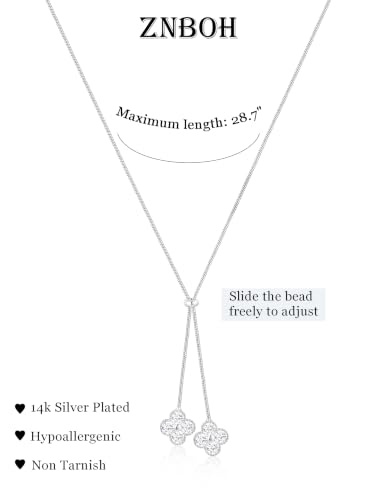 Lariat Gold Silver Necklace for Women Long Dainty Y Necklace 14k Gold Plated Drop Chunky Necklace Trendy Clover Heart Cross Teardrop Cz Pendant Statement Simple Adjustable Jewelry Gift - color: Silver- Clover